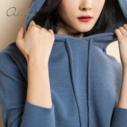 Ordifree 2021 Autumn Winter Women Knitted Sweater Pullover Cashmere Casual Loose Solid Hooded Sweater Jumpers