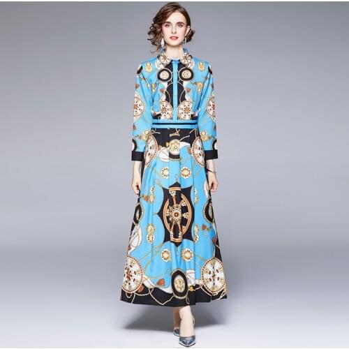 Designer Runway Fashion Maxi Dress 2021 Autumn Womens Long Sleeve Chain Floral Print Casual Elegant Blue Long Dress