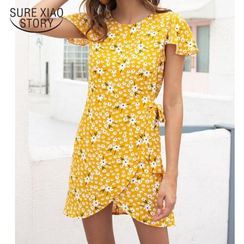 European and American Womens Printed Pattern Short-sleeved Slim-fit Bow-knot Bag Hip Fashionable Sexy Casual Floral Dress 15106