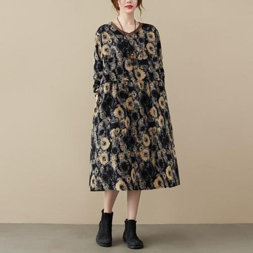 2021 New Arrival Vintage Autumn Dress Print Floral Patchwork Office Lady Work Dress Cotton Linen Women Casual Spring Midi Dress