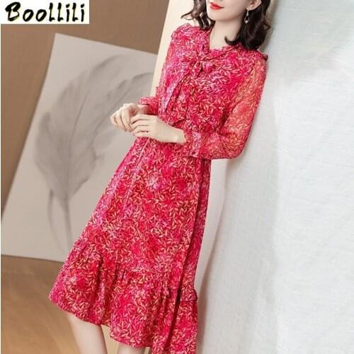 100% Real Silk Summer Dress 2020 Vintage Elegant Midi Office Dress Women Clothes Ladies Dresses Long Sleeve Dress Vestidos
