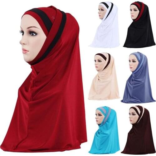 2PCS/Set Stripe Color Match Muslim Head Wrap Hijabs Women Islamic Jersey Undersacrf Soft Headscarf Turban Headband on the Head