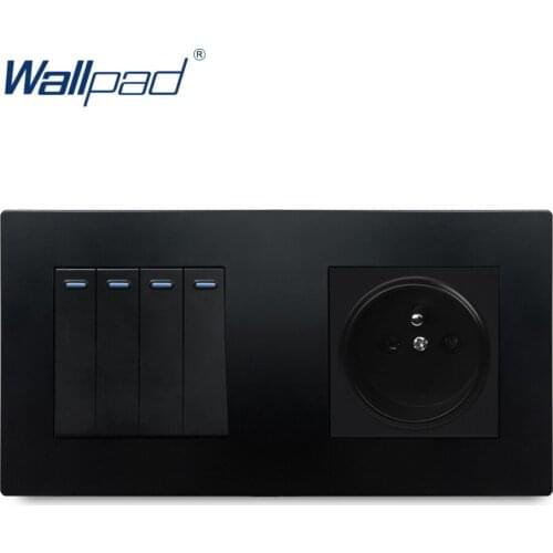 4 Gang 2 Way With EU French Socket Black Wallpad Luxury Wall Power Electrical Outlet Sockets PC Panel