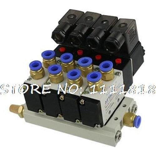 4V210-08 AC 220V Quadruple Solenoid Valve Mufflers 8mm Quick Fittings Base Set