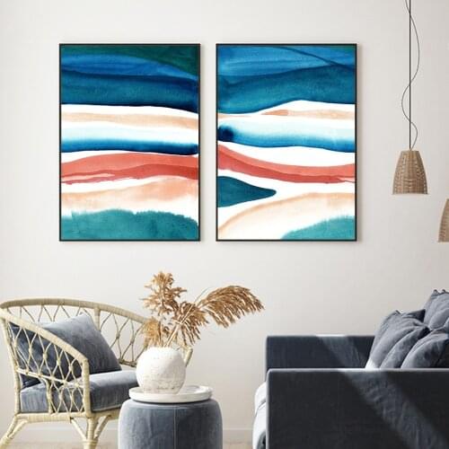 Watercolor Abstract Art Blue Burnt Orange Wall Art Poster Print Nordic Canvas Painting Modern Living Room Interior Decor