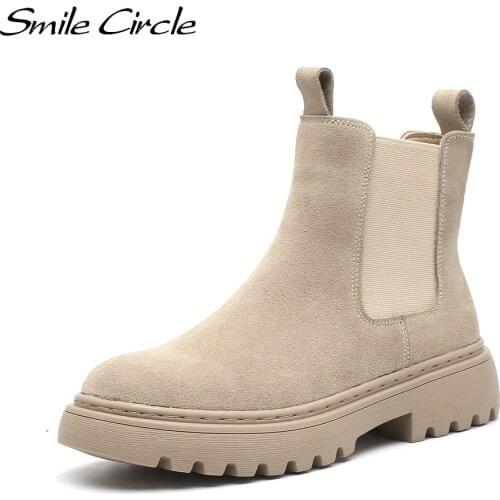 Smile Circle Chelsea Boots Suede Leather Ankle Boots Women Autumn Slip-On Platform Boots Fashion Booties femme