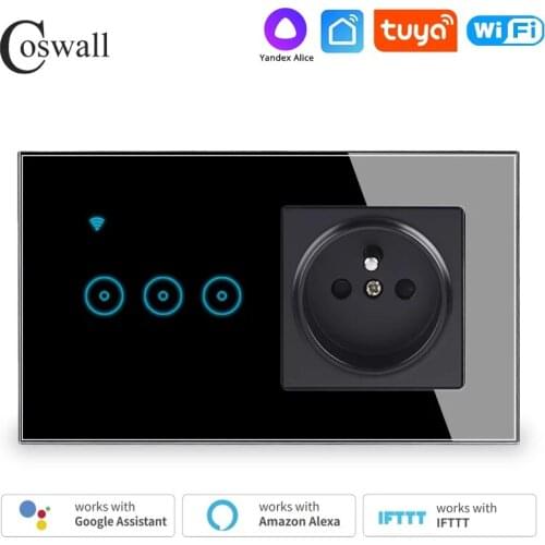 COSWALL French Polish Socket With Wifi Touch On / Off Wall Light Switch Work With Alexa Google Home IFTTT EWelink / Smart Life
