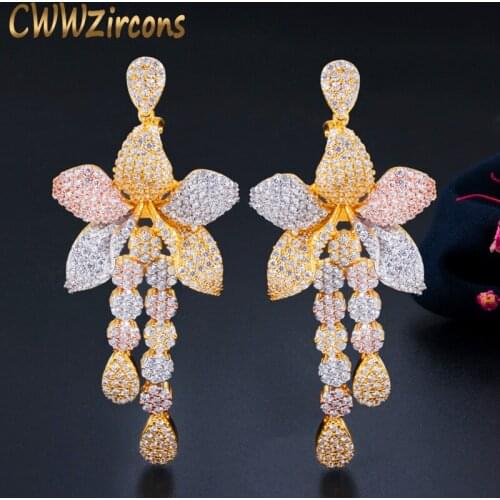 CWWZircons Geometric 3 Tone Gold Cubic Zircon Long Fringed Flower Dangling Tassel Drop Earrings for Women Dress Jewelry CZ679