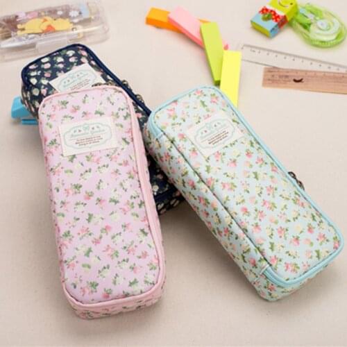 Kawaii Stationery Canvas Floral Pencil Case Large Capacity Pencil Bag School Supplies Cute Pen Box Storage Pouch