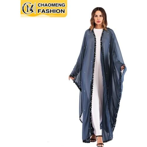 Middle East Ramadan Fashion Mesh Pearls Chiffon Fabric Islamic Clothing Kaftan Abaya Dubai Turkish Muslim For Women Cardigan