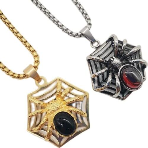 New arrival Gold color red stone spider pendant necklace 316L stainless steel spider net animal spider necklace CARA0396