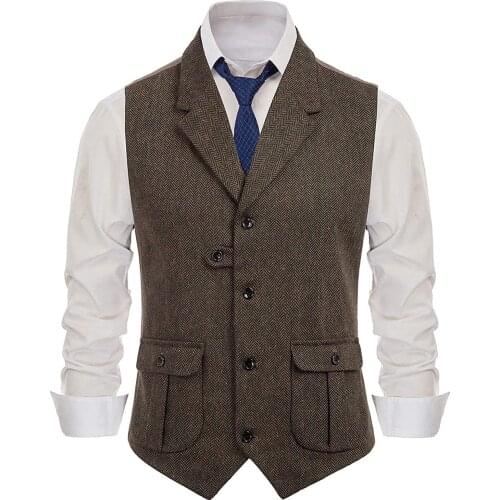 Mens Casual Suit Vest Notch Lapel with Two Pockets Herringbone Waistcoat for Wedding Groomsmen