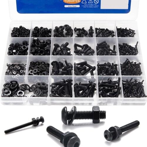 1060pcs M2 M3 M4 M5 Hex Socket Screw Set Carbon Steel Flat Round Cap Head Screws Bolts and Nuts Assortment Kit with Storage Box