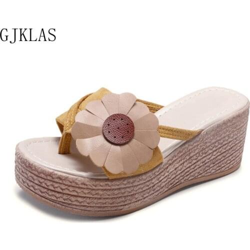 Flower Summer Wedge Slippers Platform High Heels Women Slipper Ladies Outside Shoes Basic Clog Wedge Slipper Flip Flop Sandals