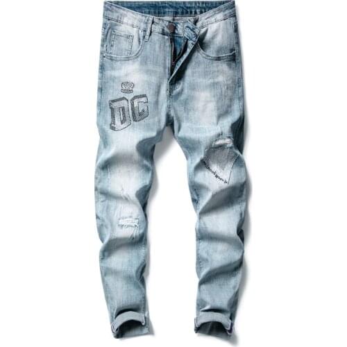 Stretch High Quality Moto Jeans Skinny Jeans Men Ripped Distressed Jeans for Men Light Blue Offset Printing Letters Denim Pants