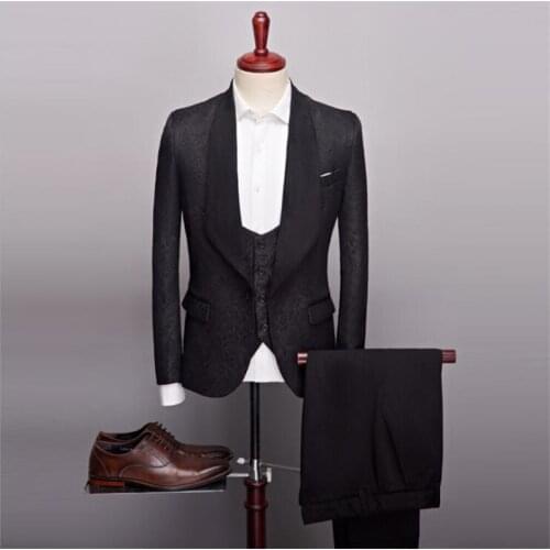 European-style Retro Jacquard Mens Suit Three-piece Blazer Vest Trousers Suit Mens Stage Host Costume