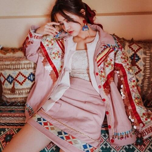 Autumn Women Spring Fall 2020 Sweet Casual Loose Luxury Embroidery Handmade Beading Sequins Tassel Pink Denim Short Jacket Coat