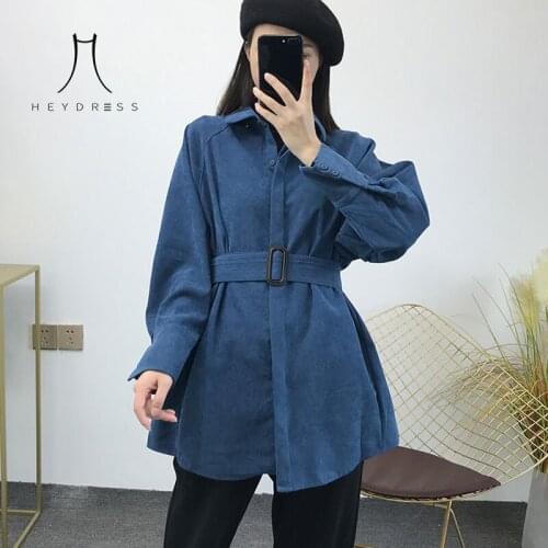 Heydress 2020 Girls Solid Color Corduroy Belted Women Shirt Top Casual 2020 Spring Lady Shirts Tops Loose Female Blouses