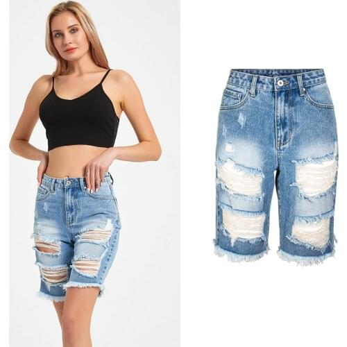 2020 Summer Womens Denim Short Jeans Feminino Big Hole Ripped Leggings Female Shorts Jeans Loose High Waist Knee Length Pants