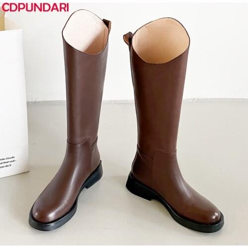 Genuine Leather Low Heels Platform Knee High Boots Ladies Autumn Winter Motorcycle High Boots Shoes Black Botas Largas Mujer