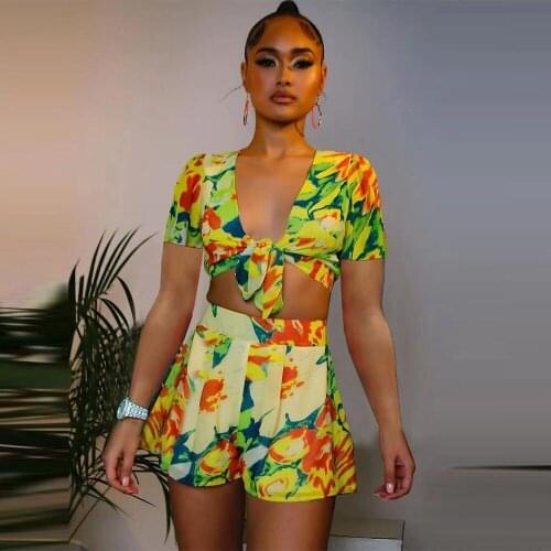 Tie Dyeing Print Two Piece Set Women Deep V Neck Short Sleeve Crop Top+high Waist Shorts Matching Outfits Casual Sweat Suits