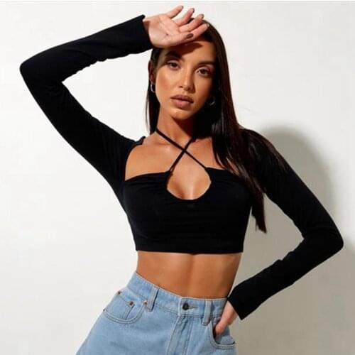 2021 Fashion Women Sexy Halter Crop Tops Long Sleeve Solid Color Tees Cutout Front Black Slim Fit T-Shirts for Spring Fall New