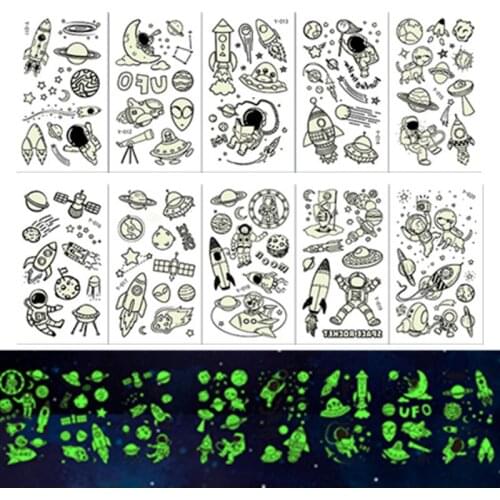 10pc/set Cartoon Spaceship Astronaut Luminous Tattoo Stickers Cute Glowing Temporary Tattoo Stickers DIY Birthday Party Kids Toy