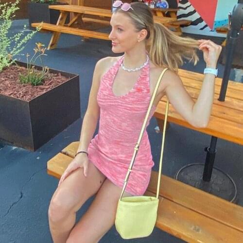 2000s Vintage Backless Knitted Halter Dresses Summer Y2K Aesthetics Bodycon Ribbed Sleeveless Mini Dress Women 2021 Slim