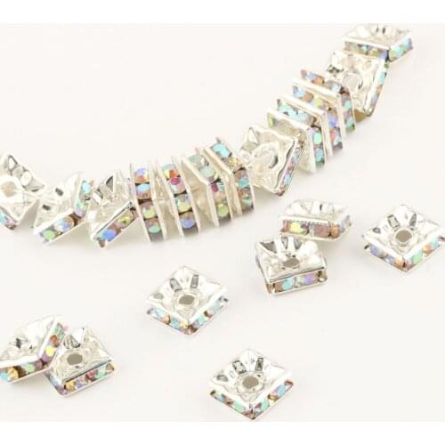 50/100PCS 6mm 8mm AB Silver Color Square Rhinestone Rondelles Crystal Spacer Beads For Jewelry Making DIY Bracelet Necklace