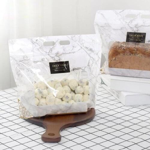 50pcs Marble Transparent Plastic Toast Bread Food Bags With Handle Party Wedding Supplies Take Out Bags