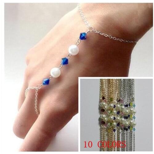 Free Shipping Women Fashion Silver Colour Chains Colorful Beads Imitation Pearls Hand Chains Unique Beads Finger Hand Chains