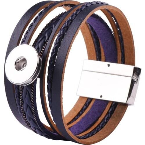 Brown Blue Red Color Women Snap Button Bracelets & Bangles Leather Bracelet Fit For 18mm Charm Button Snaps Jewelry Magnet Clasp
