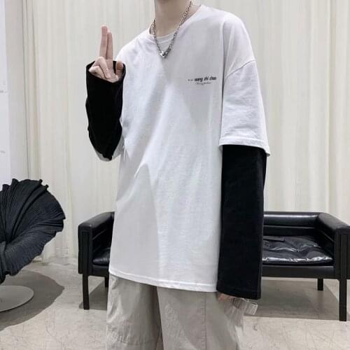 Hip Hop Korean Version Patchwork Tshirt Fake Two Pieces Loose Teens Long Sleeves Clothes Hit Color Harajuku Pullover Streetwear