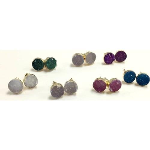 Hot The European Female Piercing Stud Earrings Cute 8mm Round Stone Titanium Crystal Quartz Geode Druzy Earring Women Gift