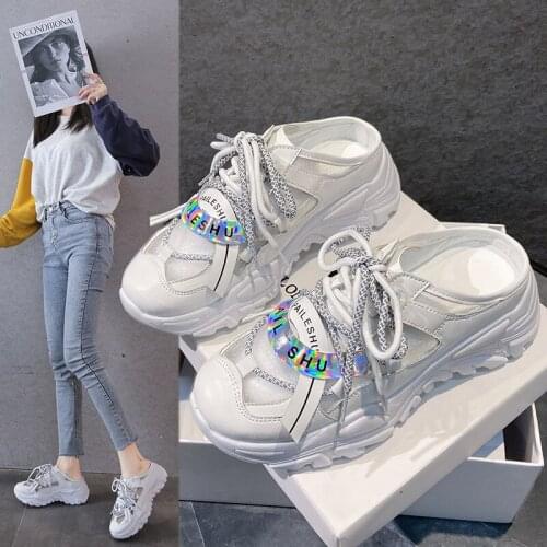 Korean Ins creepers air mesh mules women slippers sandals flip flops summer daddy shoes woman thick soled cross-tied slides 2021