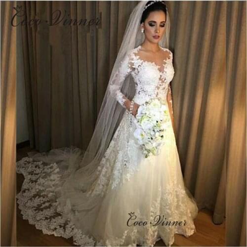 Illusion Long Sleeves Appliques Embroidered Lace on Net A-line Lace Wedding Dresses Chapel Train Pure White Vestido W0450
