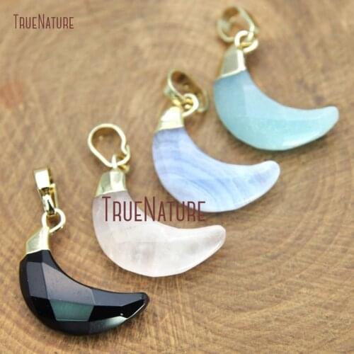 10Pcs Top Seller Onyx Rose Quartzs Lavander Lace Agates Single Amazonite Pendant Gold Faceted Moon Pendant 18x13mm PM14603