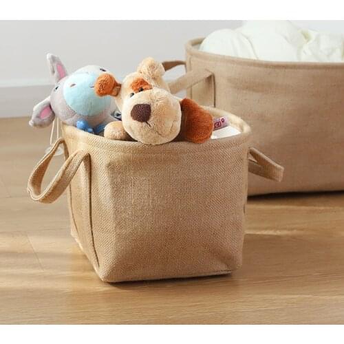 SMALL Linen Fabric Folding Storage Basket Box Bin For Closet Shelves Toys Clothes Organizing Laundry Hamper Round With Handles