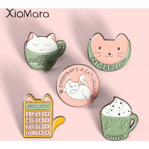Cartoon Cup Cat Enamel Pins Badge Calculator Ice Cream Coffee Cat Brooches Cute Animal Lapel Bag For Womens Anime Jewelry Gifts