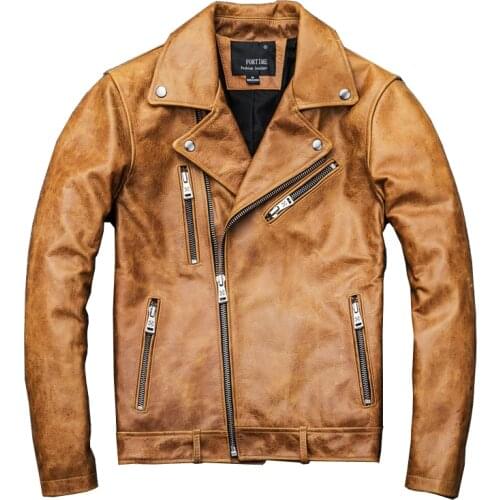 Mens Genuine Leather Motorcycle Jacket Oil Wax Retro Top Layer Cowhide Mns Motorcycle Yellow Leather Jacket