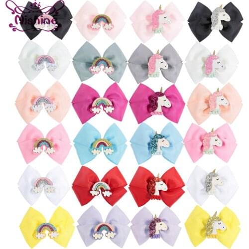 Nishine 5.2" Handmade Girls Rainbow Hair Bows Grosgrain Boutique Glitter Unicorn Horn Hair Clips Kids Children Birthday Gift