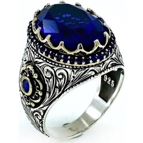 Oval Sapphire Stone Sadekar Engraving Engraved Silver Men 'S Ring