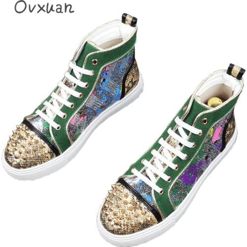 OVXUAN Luxury Designer Ankle Boots Gold Snake Pattern Leather Rivet Mixed Color High Top Shos Men Flats Botas Hombre Zapatillas