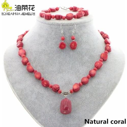 Natural Red Coral Gemstones Irregular Necklace Pendant Bracelet Earring Set Long Chain Womens Health Jewelry Decor Christmas