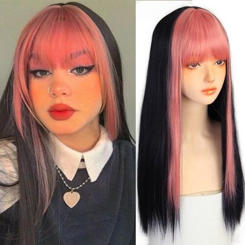 HOUYAN Golden bangs dyed long straight hair wig womens natural gradient color heat-resistant synthetic wig wig