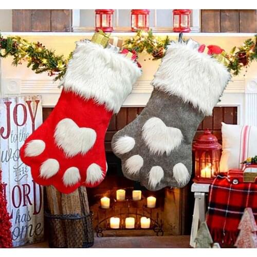 Christmas Party Dog Cat Paw Stocking Hanging Socks Tree Ornament Decor Hosiery plush Xmas Socks kids Gift Candy Bag SN2347