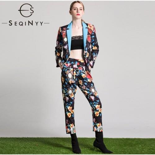 SEQINYY Vintage Suit Spring Autumn New Fashion Design Women Runway Animal Flowers Poker Print Short Blazer + Ankle Pants