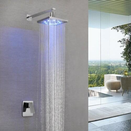 SKOWLL Brass LED Bathroom Shower Faucet 8 inch Rain Shower Set With Shower Arm Concealed Bath Shower Mixer Faucet Chrome HG-8403