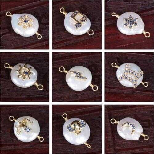 Deep navy sailor blue CZ star evil eye cross hamsa sun moon charms freshwater pearl beads connector for bracelet earring DIY