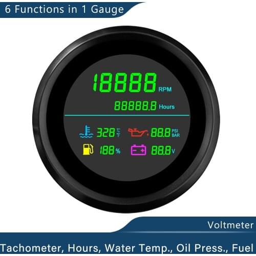 Universal 85mm Digital Tachometer 0-19999RPM Hours Water Temp Oil Pressure Fuel Level Volt for Car Truck Motorbike 12V/24V